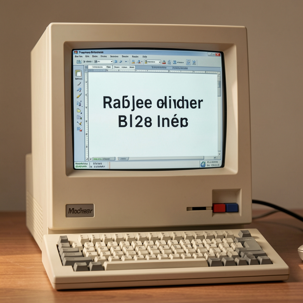Старый компьютер Macintosh с запущенной программой верстки PageMaker и векторным шрифтом на экране