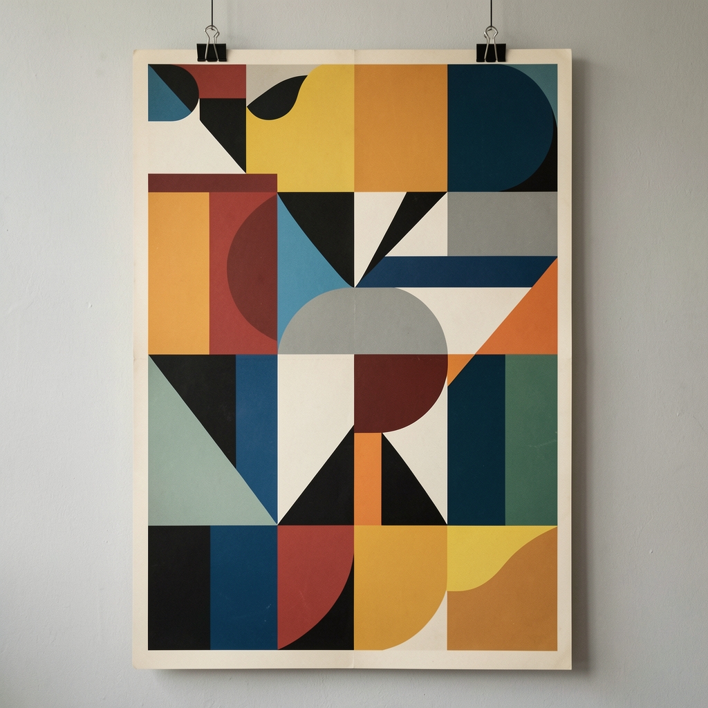 Плакат в стиле Bauhaus с геометрическим шрифтом, асимметричной композицией и функциональной типографикой 1920-х годов